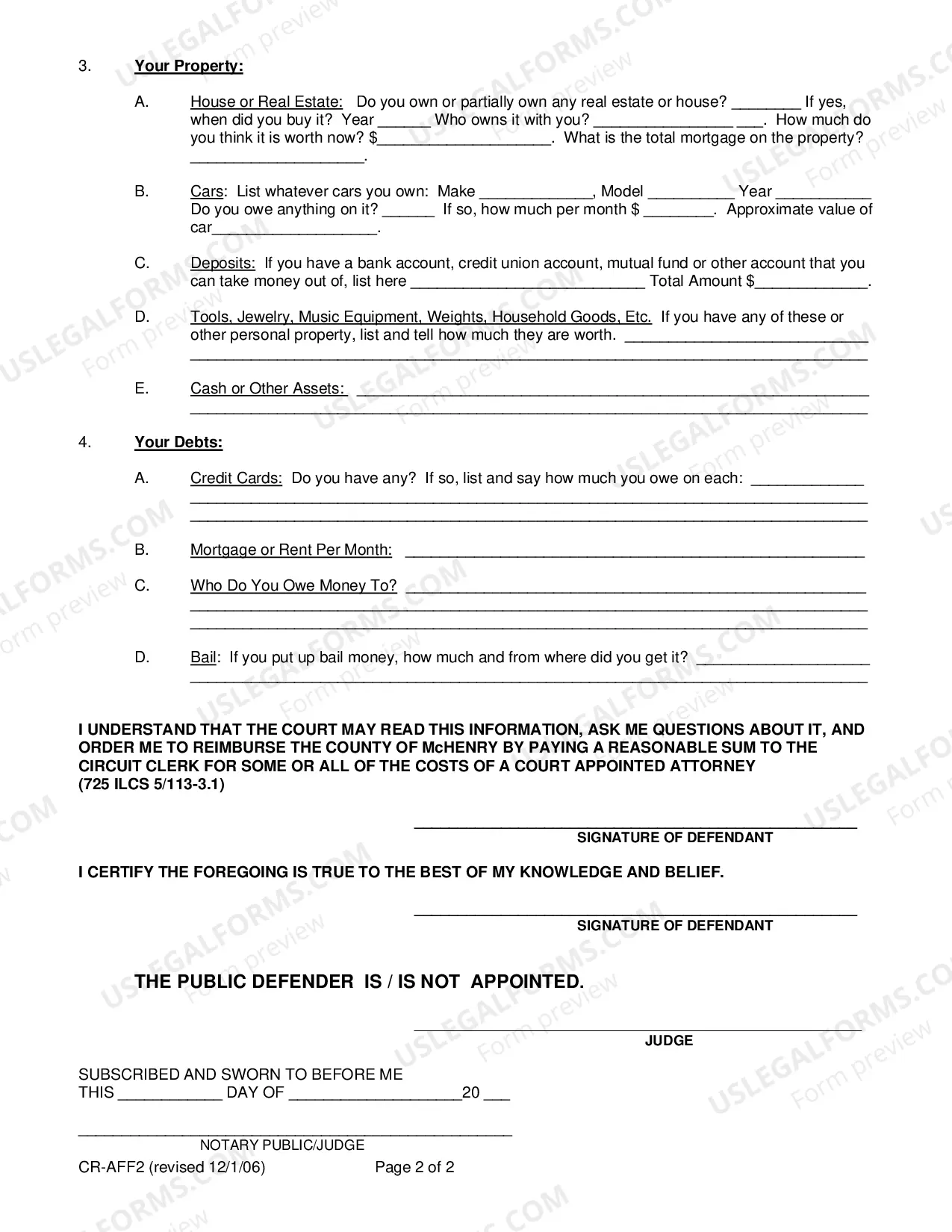 Preview Affidavit of Assets & Liabilities-Order appointing Public Defender