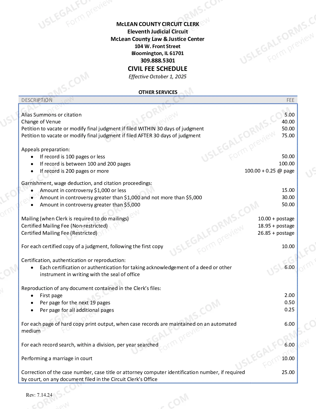 Preview Circuit Clerk Filing Fee Schedule