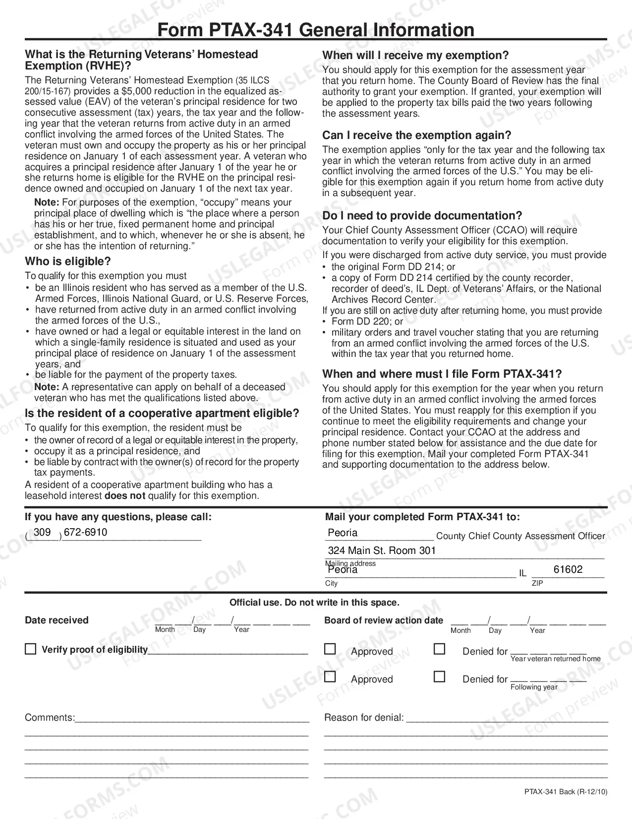 Preview PTaX-341 application for Returning Veterans' Homestead Exemption