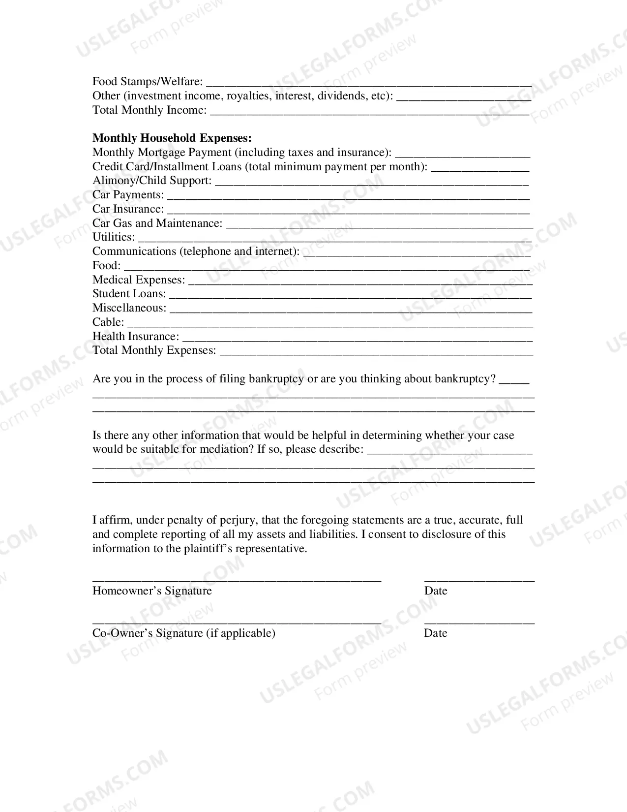 Preview Foreclsoure Program Initial Questionnaire