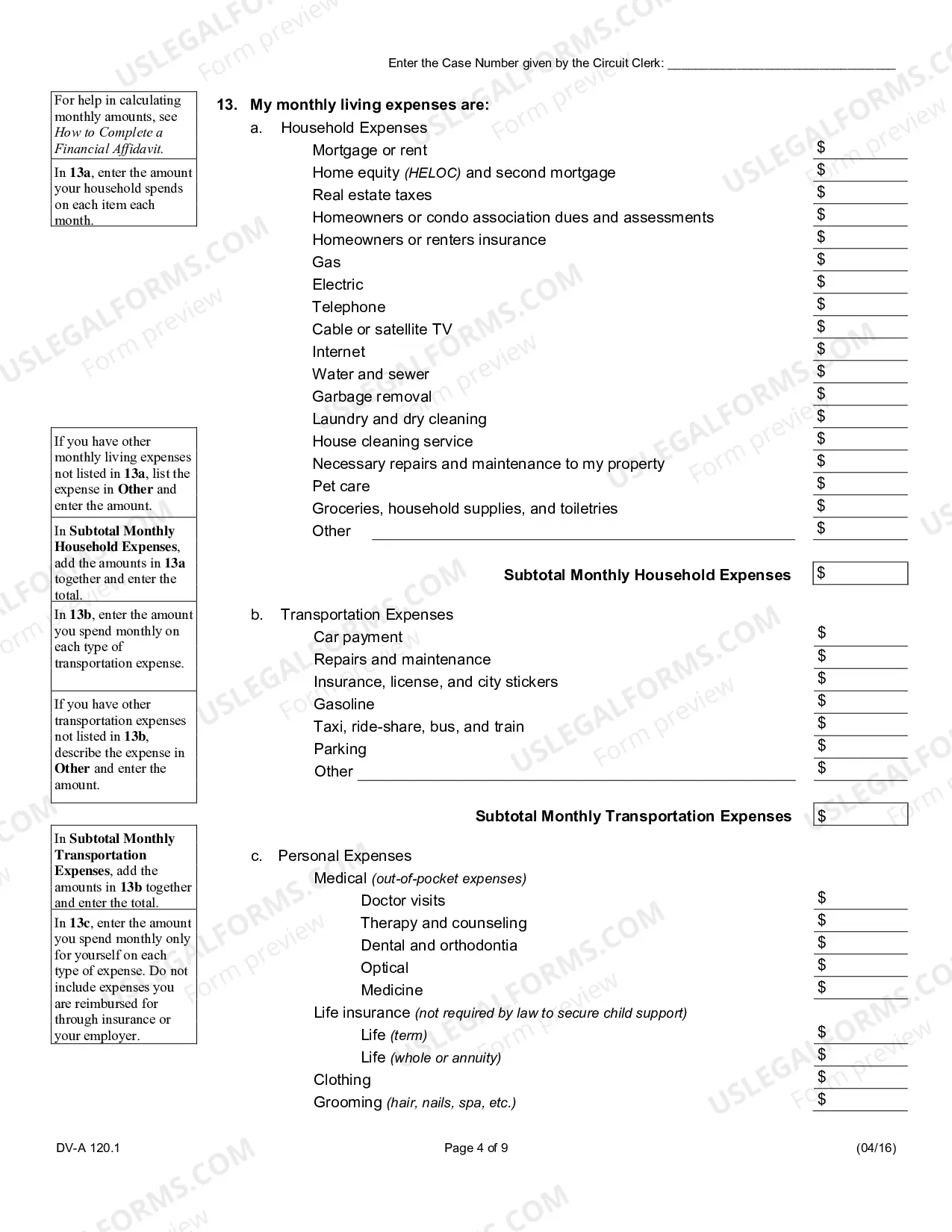 Preview Financial affidavit