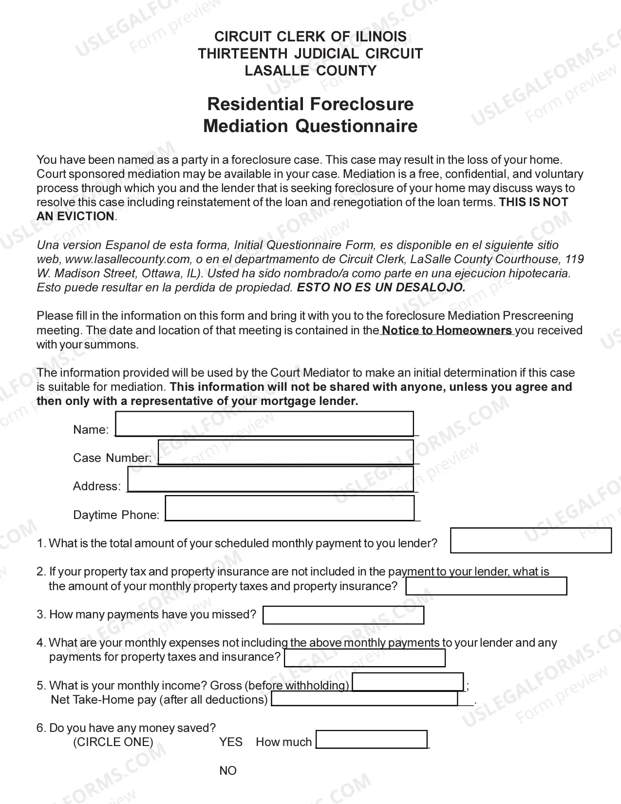 Preview Residential Foreclosure Mediation Questionnaire
