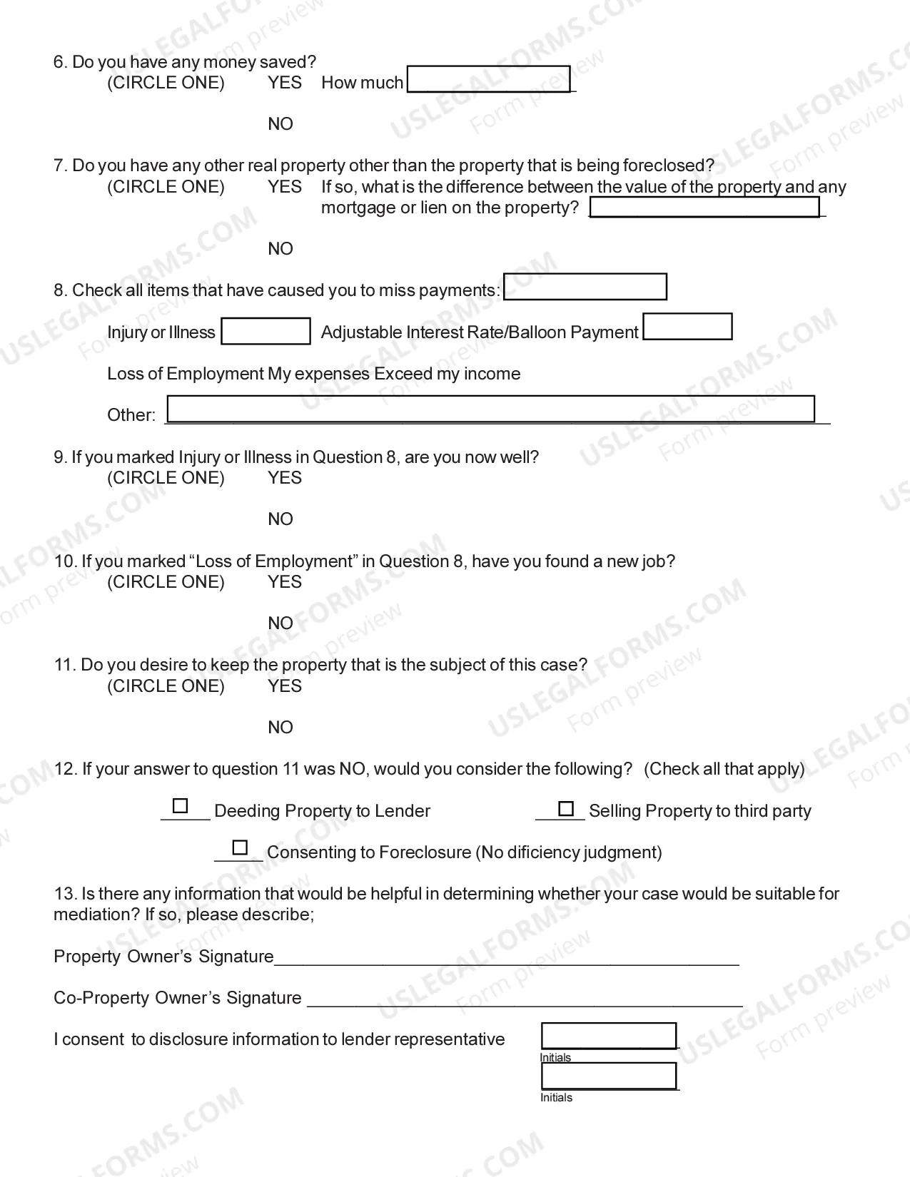 Preview Residential Foreclosure Mediation Questionnaire