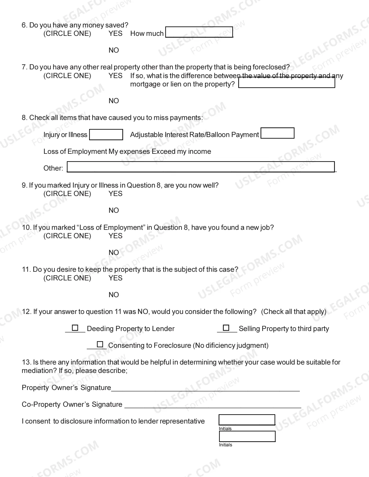 Preview Residential Foreclosure Mediation Questionnaire