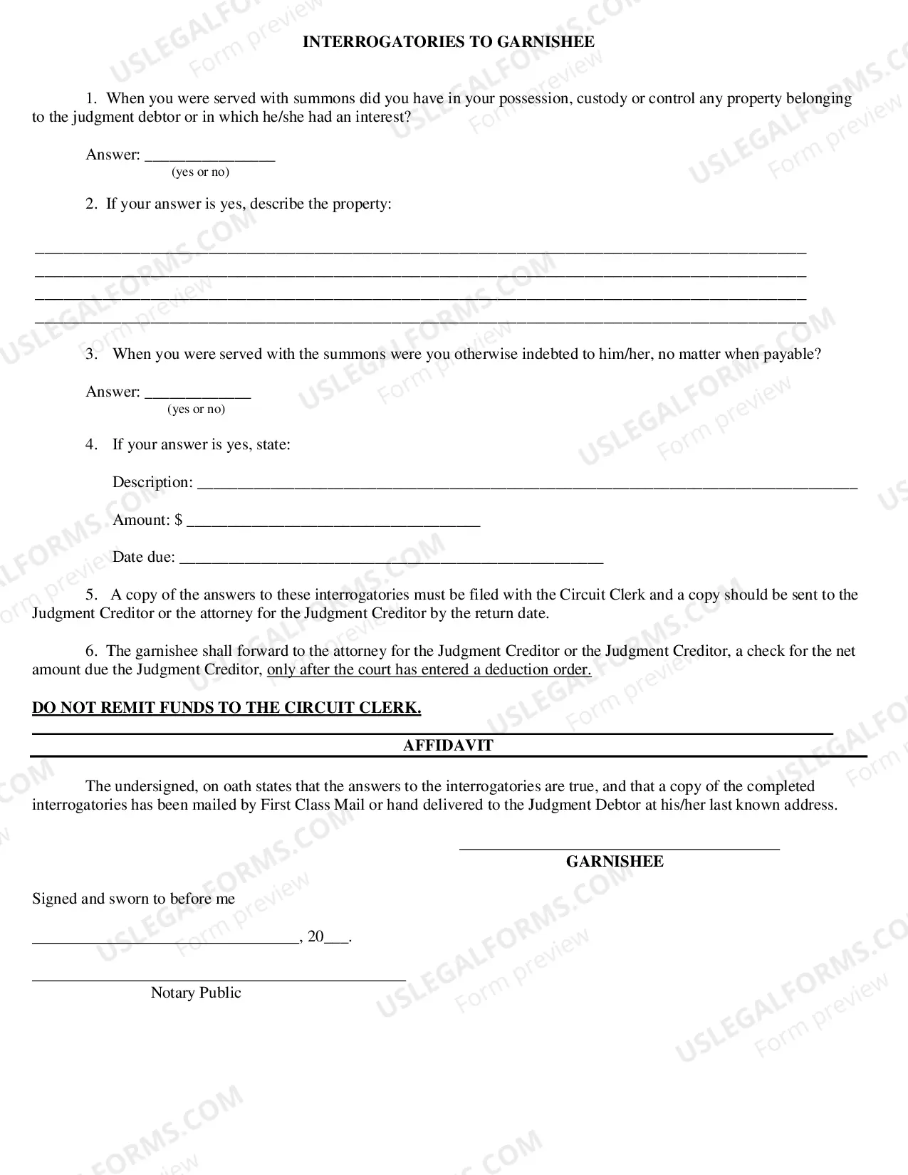 Preview affidavit For Garnishment Non-Wage With Interrogatories
