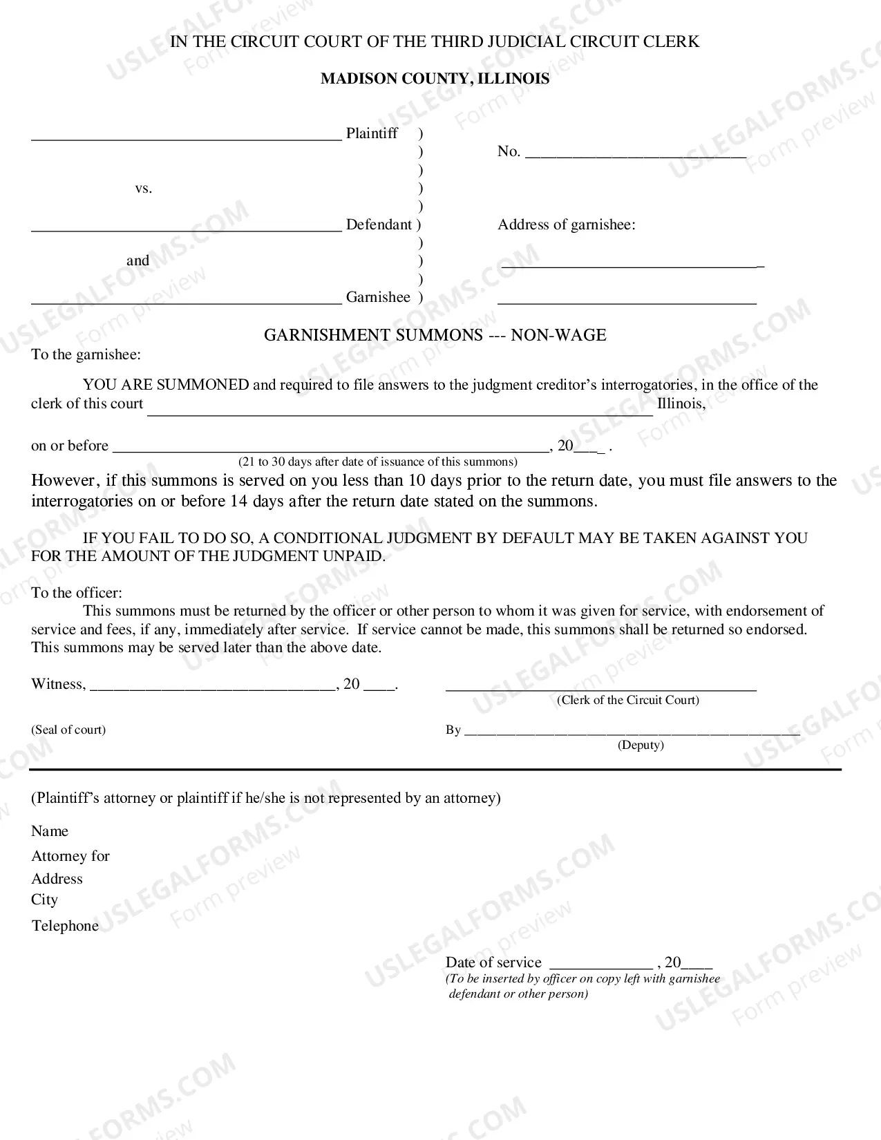 Preview affidavit For Garnishment Non-Wage With Interrogatories
