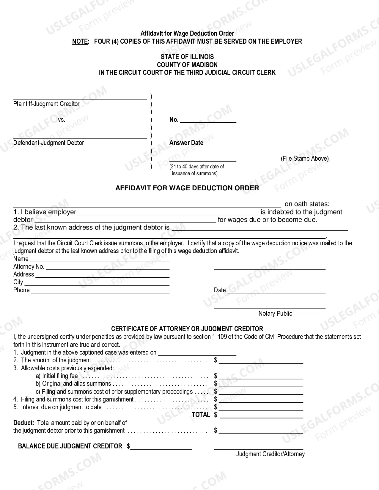 Preview affidavit For Wage Deduction Order With Interrogatories