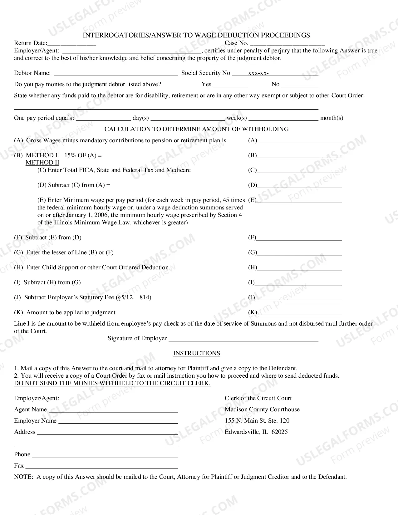 Preview affidavit For Wage Deduction Order With Interrogatories