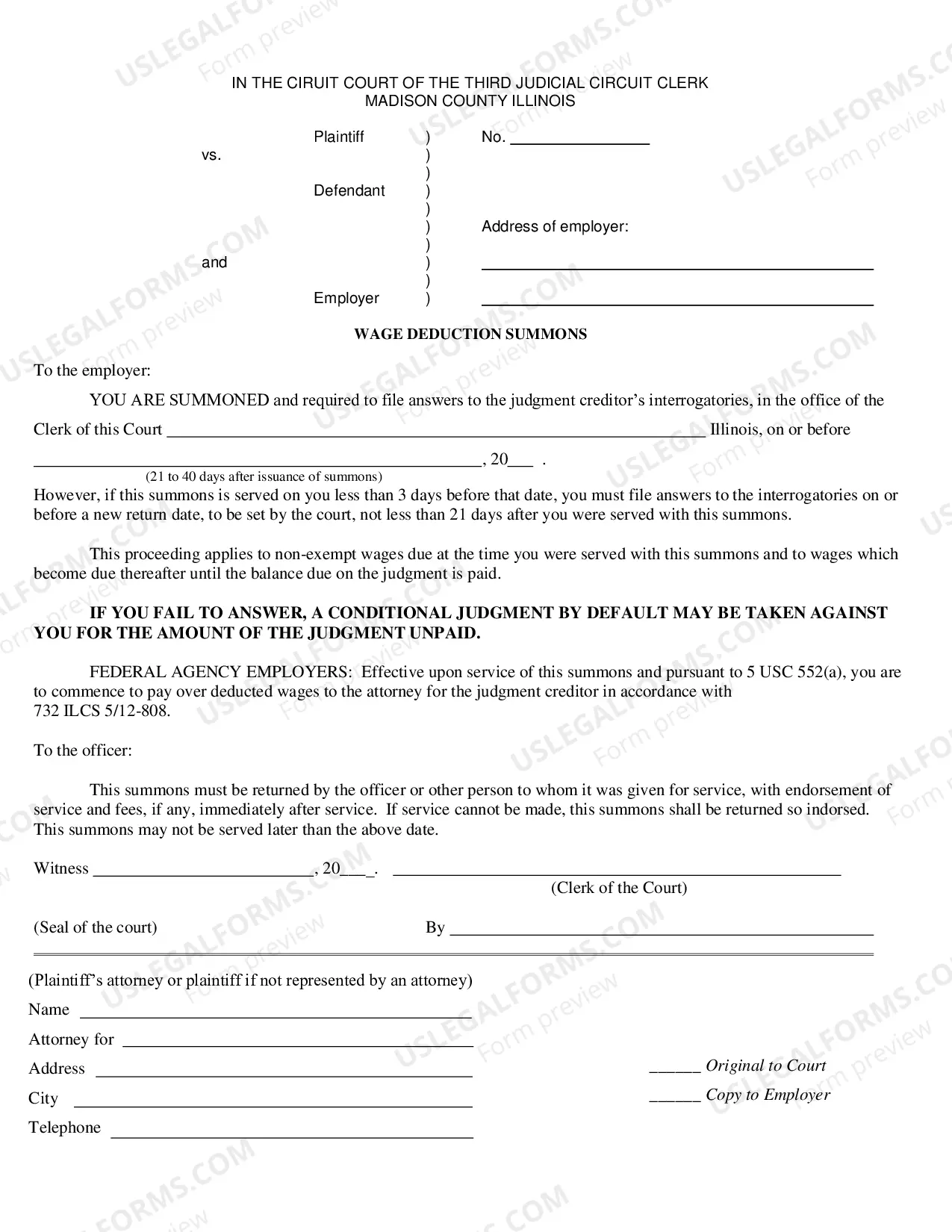 Preview affidavit For Wage Deduction Order With Interrogatories
