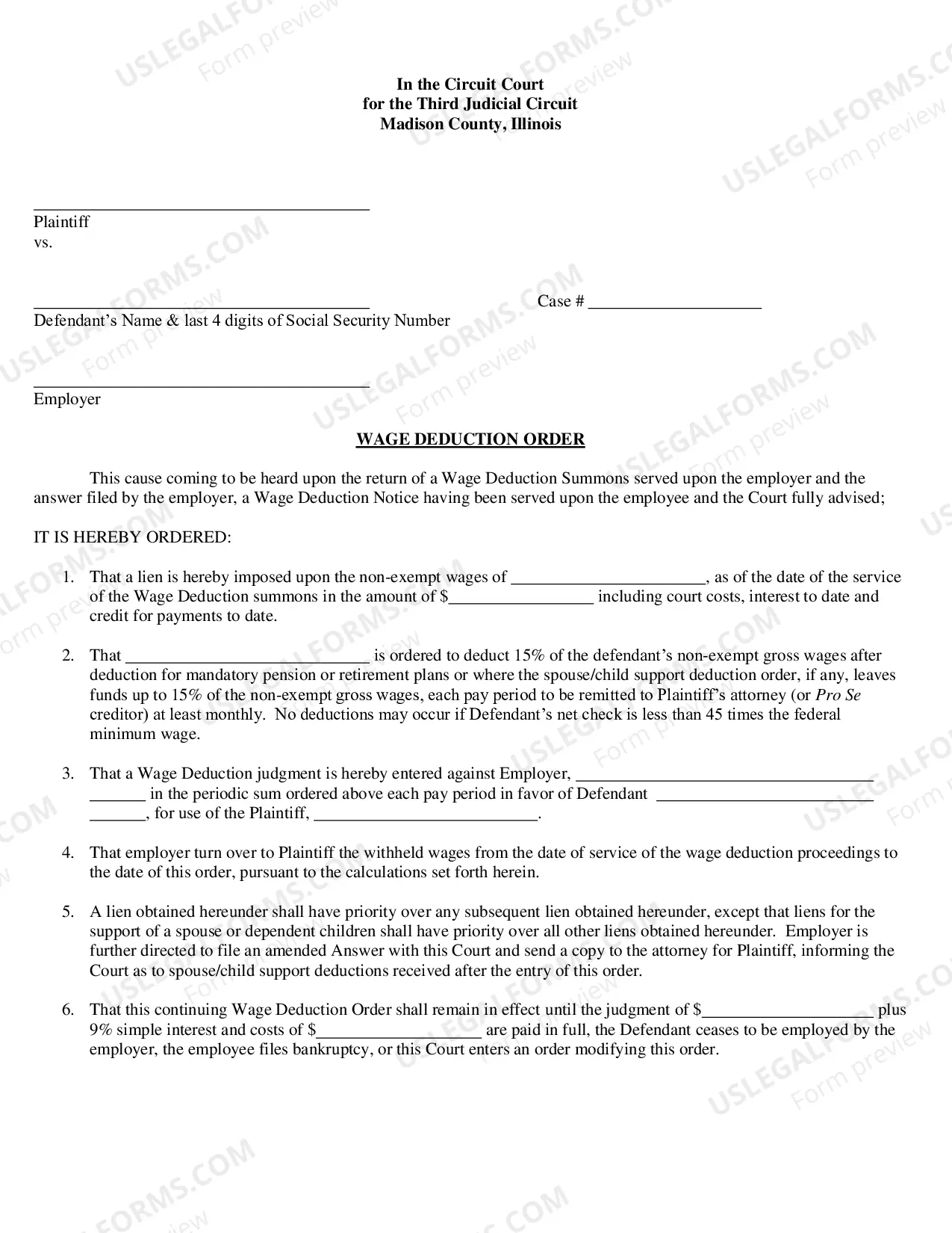 Preview affidavit For Wage Deduction Order With Interrogatories