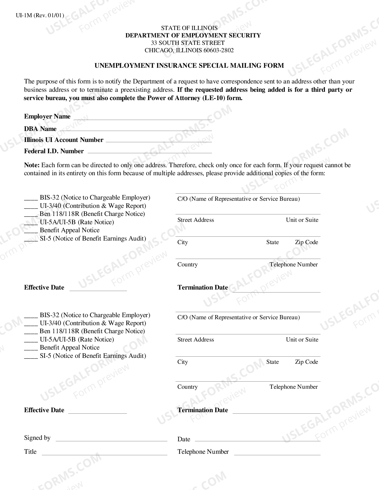 Illinois Unemployment Insurance Special Mailing Form US Legal Forms