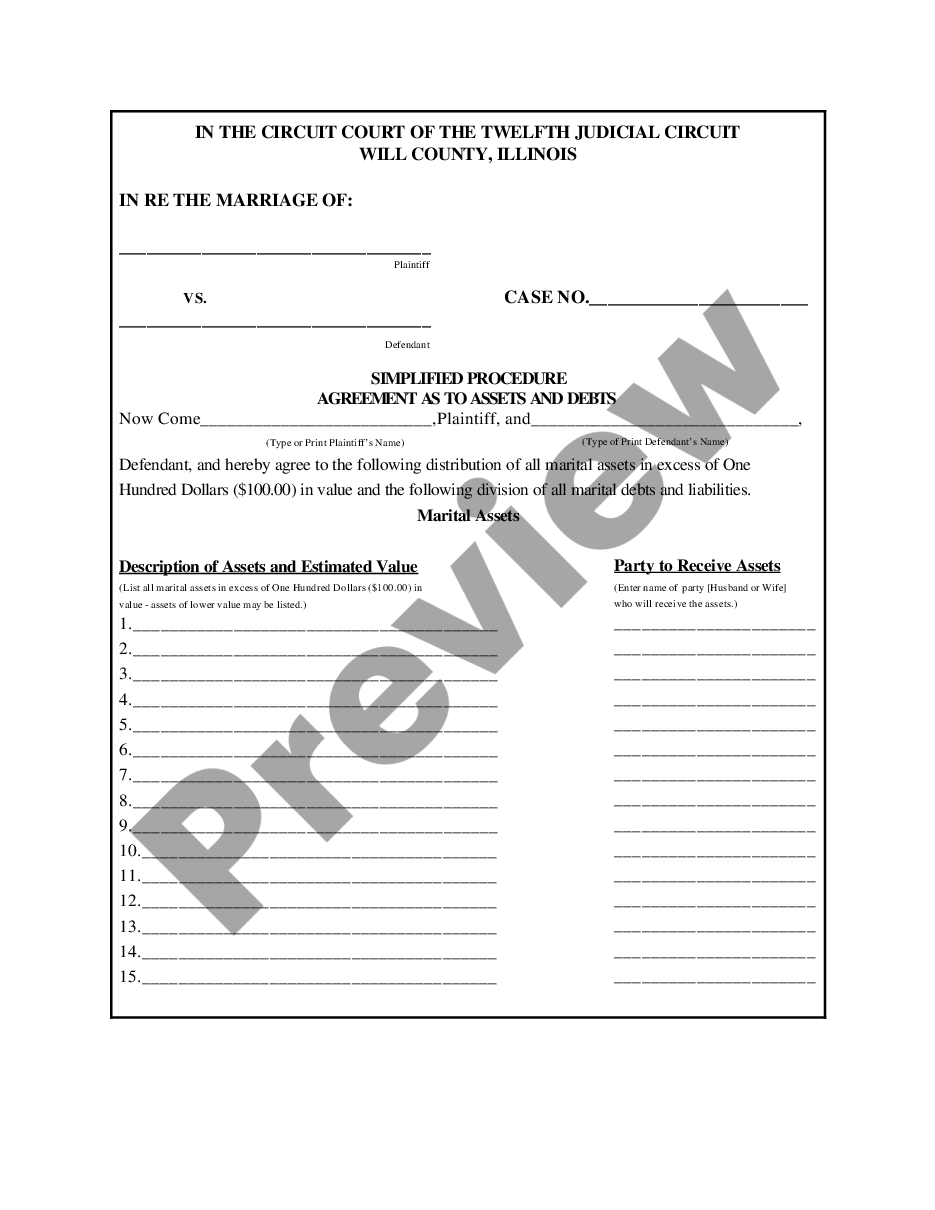 page 0 Simplified Procedure Agreement as to Assets and Debts preview