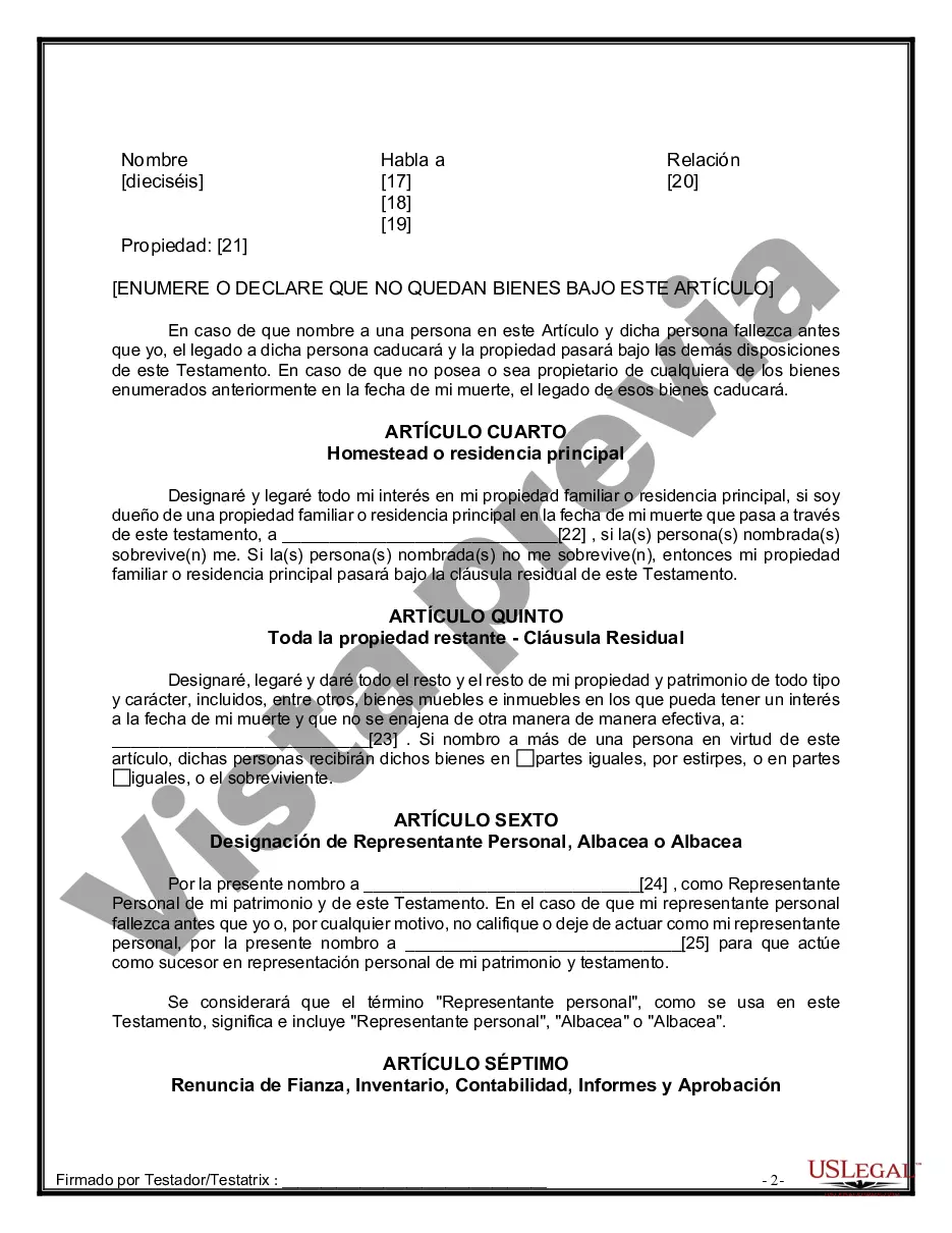 Preview Formulario de última voluntad y testamento legal para persona soltera sin hijos