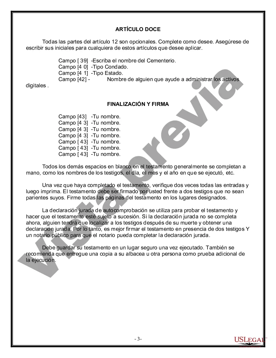 Preview Formulario Legal de Última Voluntad y Testamento para una Persona Soltera con Hijos Menores