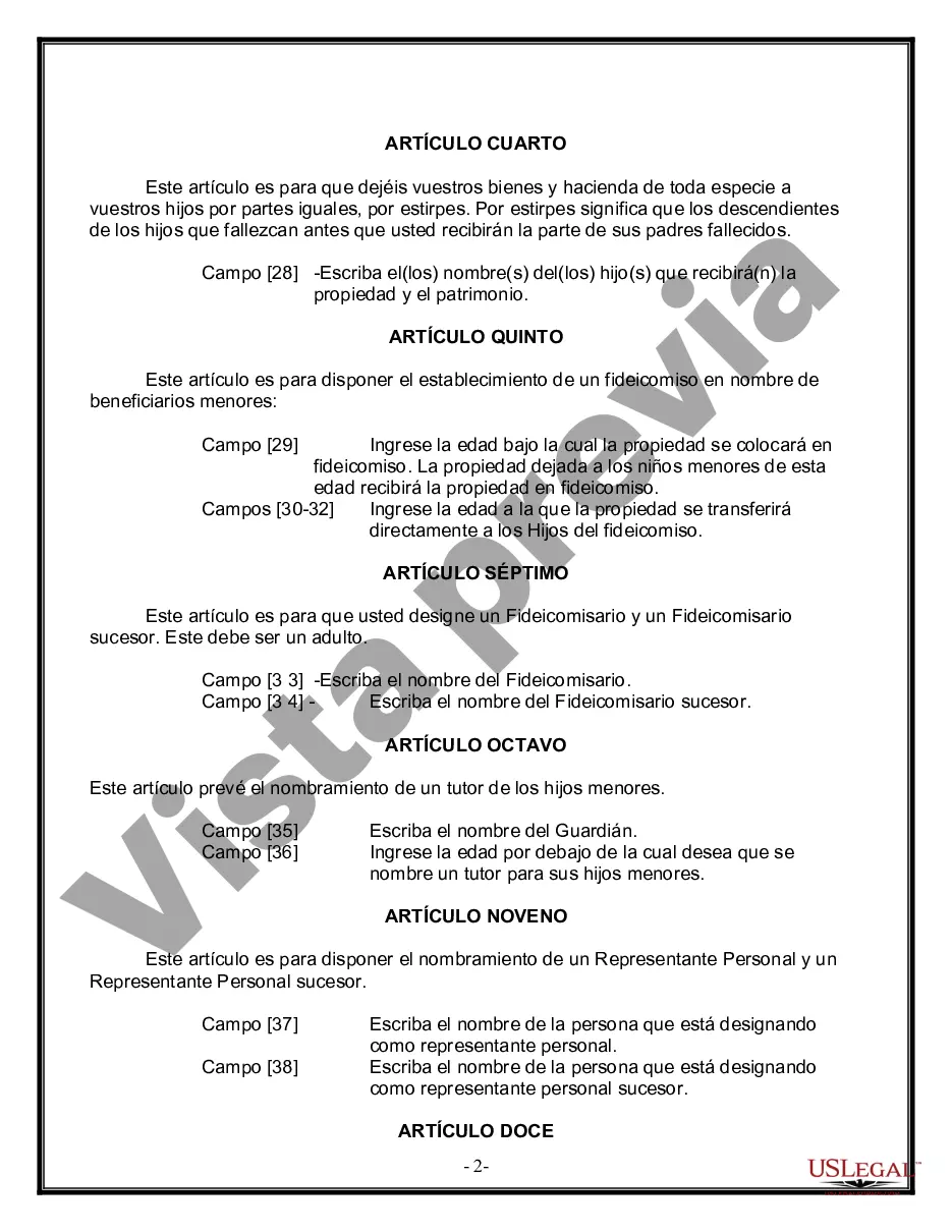 Preview Formulario Legal de Última Voluntad y Testamento para Persona Soltera con Hijos Adultos y Menores