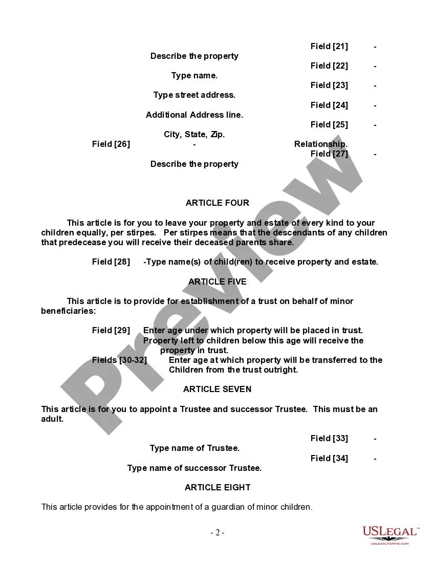 Preview Last Will and Testament for Single Person with Adult and Minor Children