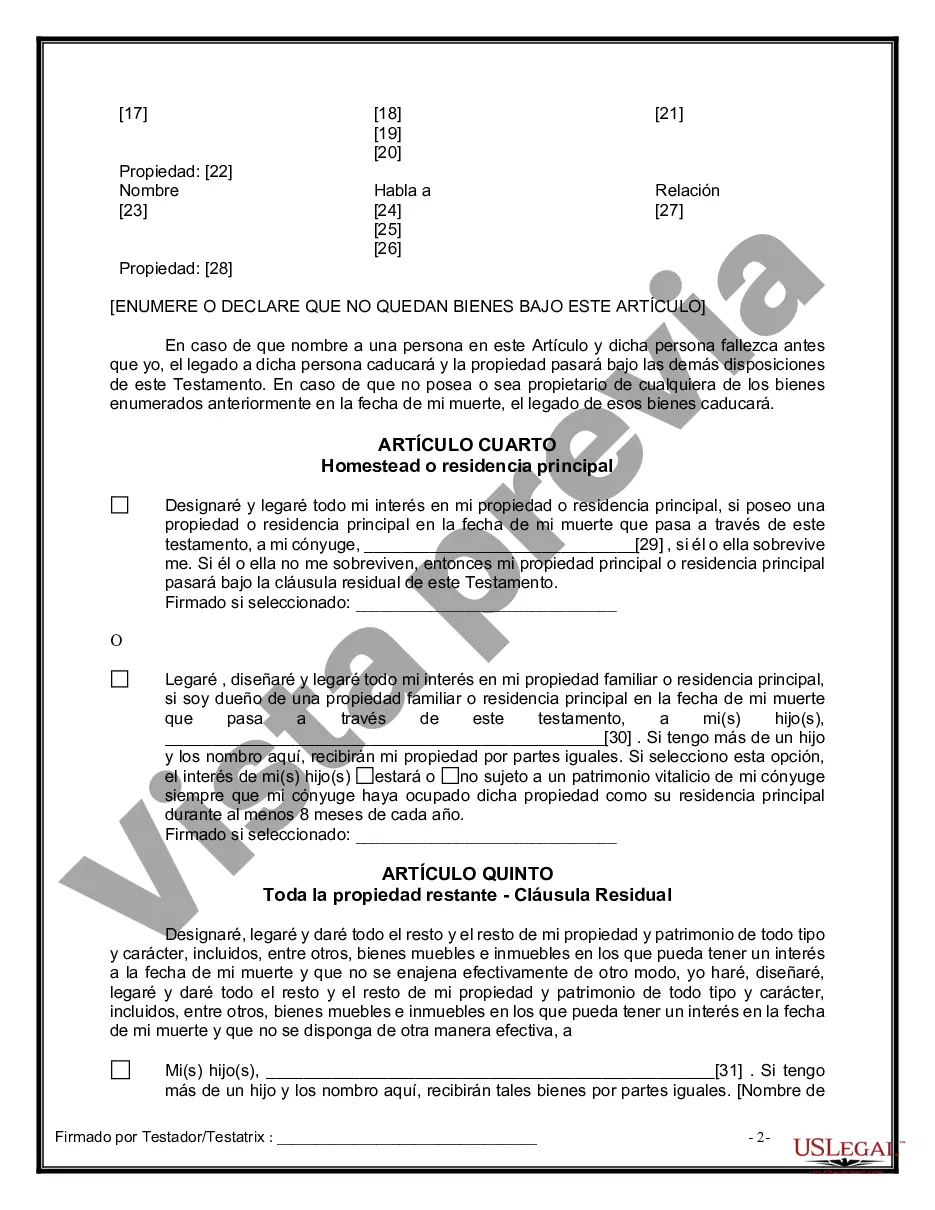 Preview Última voluntad y testamento legal para persona casada con hijos menores de edad de un matrimonio anterior