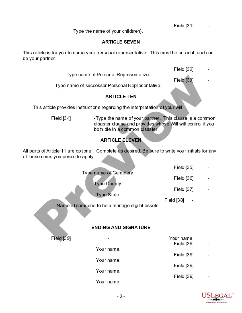 Preview Last Will and Testament for Civil Union Partner with Adult Children