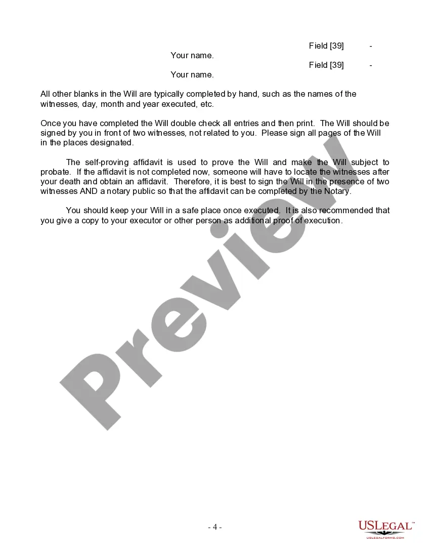 Preview Last Will and Testament for Civil Union Partner with Adult Children