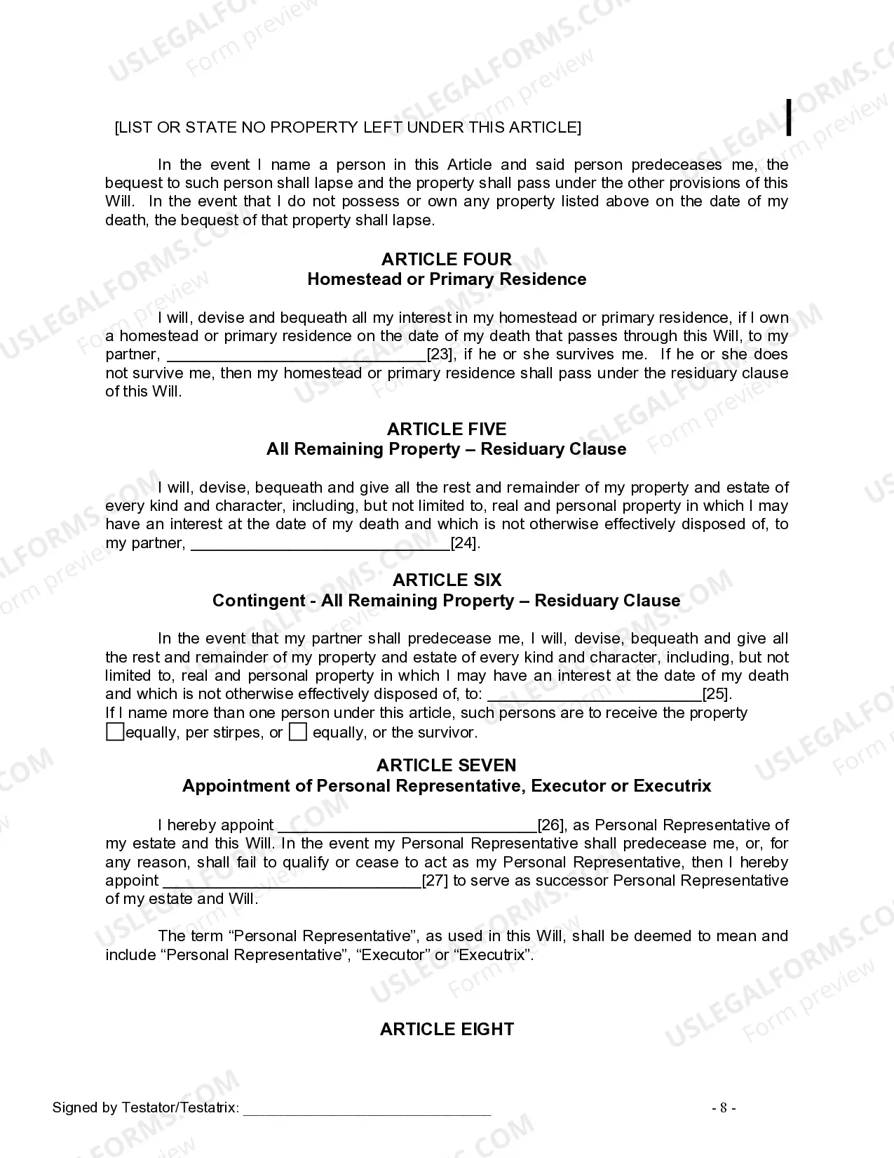 Preview Last Will and Testament for a Civil Union Partner with No Children