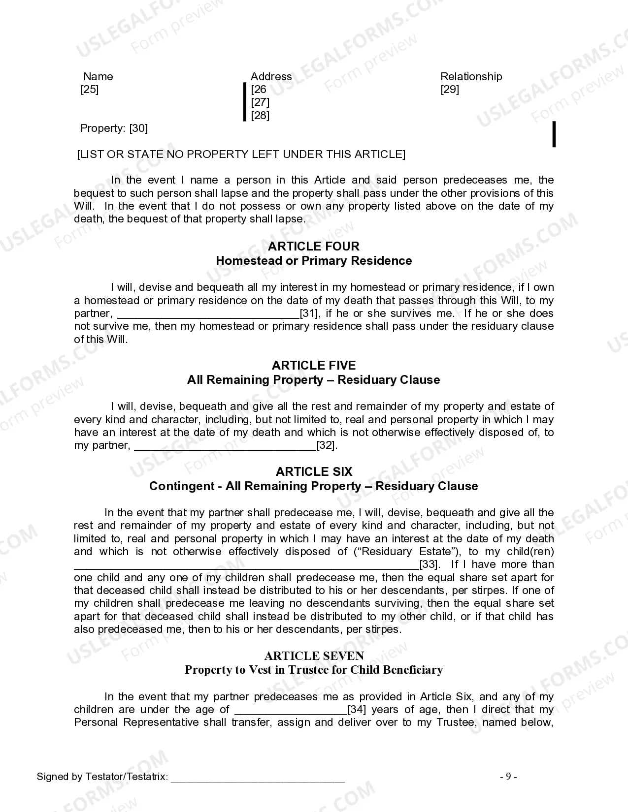Preview Last Will and Testament for Civil Union Partner with Minor Children
