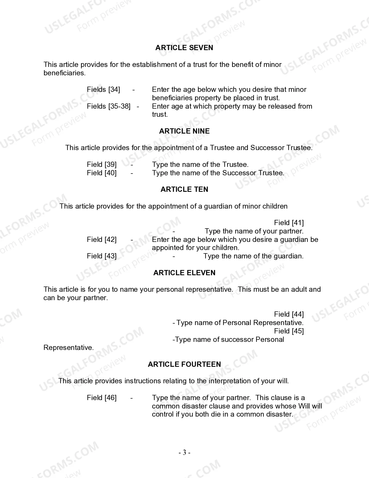 Preview Last Will and Testament for Civil Union Partner with Minor Children
