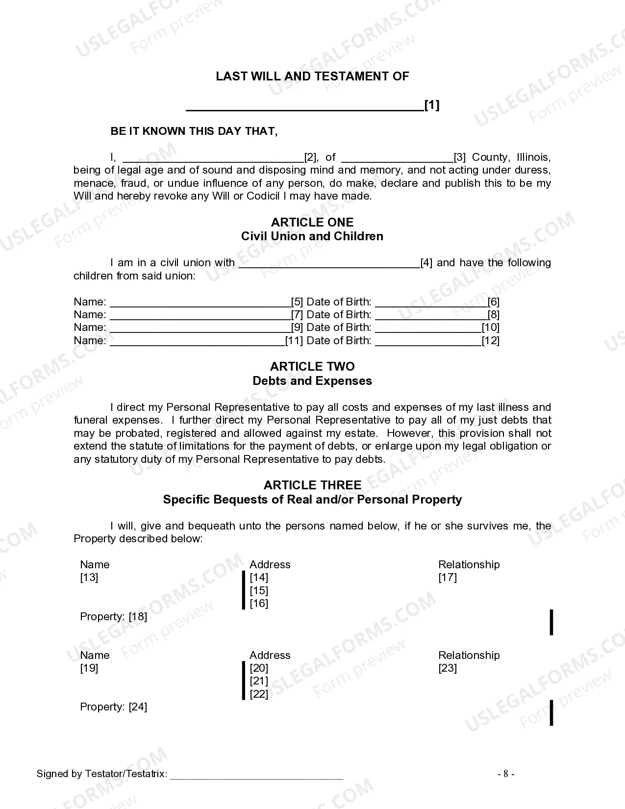 Preview Last Will and Testament for Civil Union Partner with Minor Children