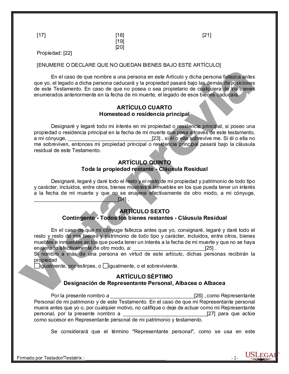Preview Formulario de última voluntad y testamento legal para una persona casada sin hijos