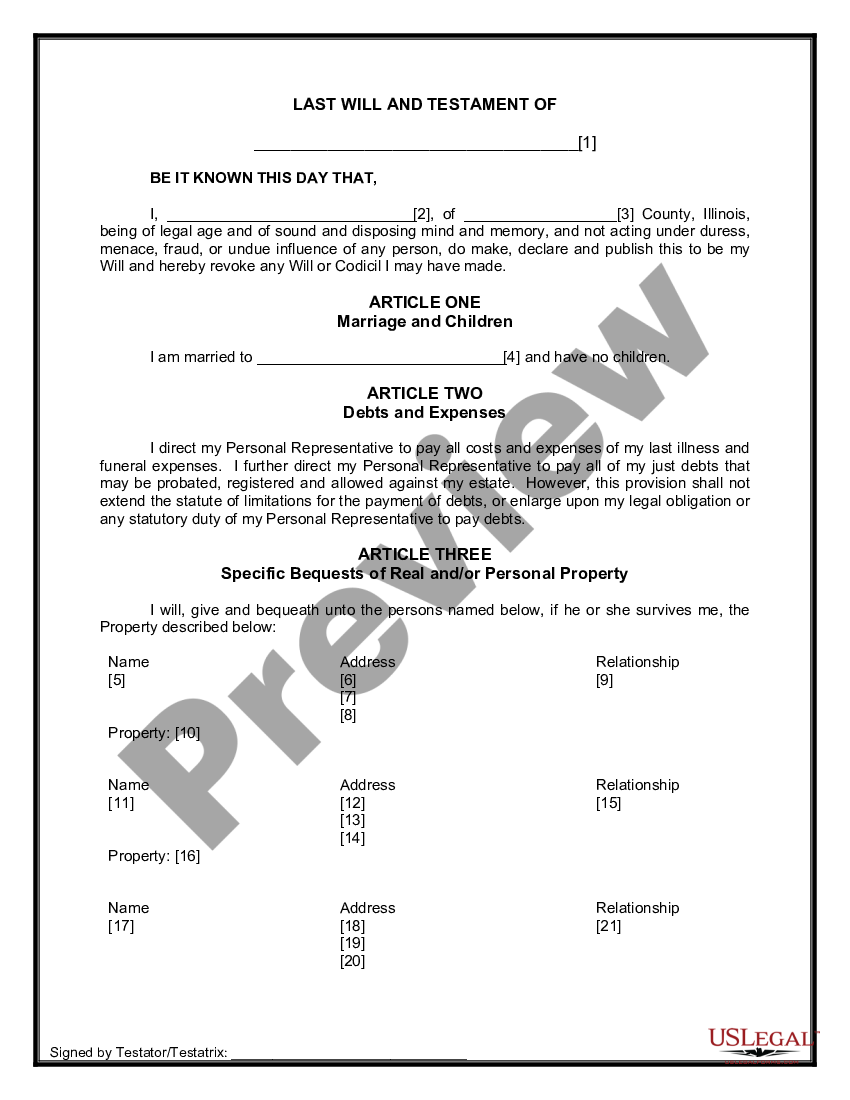 Illinois Legal Last Will and Testament Form for a Married Person with