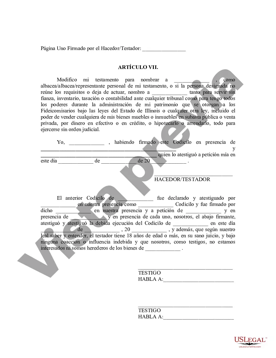 Get Codicilo al formulario de testamento para enmendar su testamento - Cambios o enmiendas de testamento Preview Codicilo al formulario de testamento para enmendar su testamento - Cambios o enmiendas de testamento