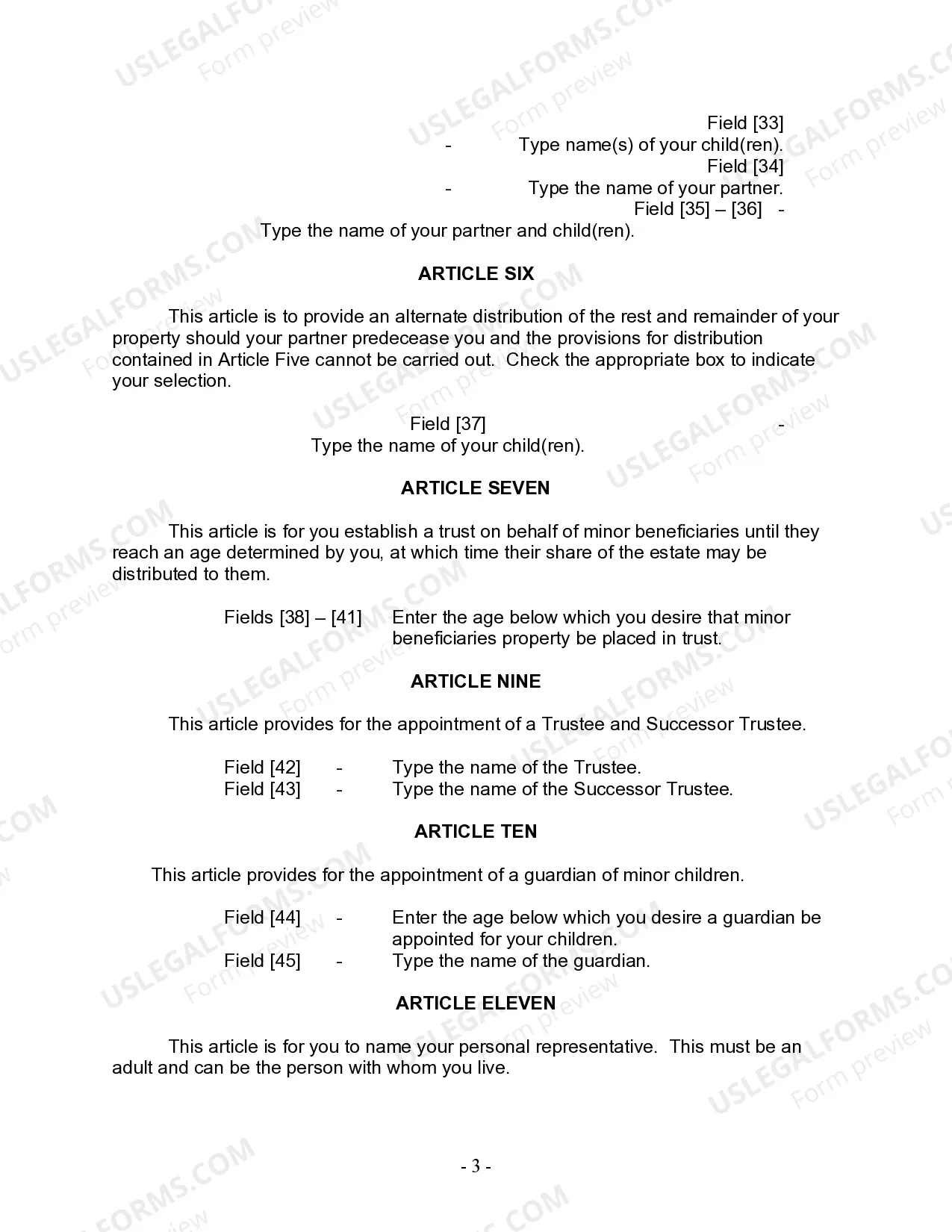 Preview Last Will and Testament for Civil Union Partner with Adult and Minor Children from Prior Marriage