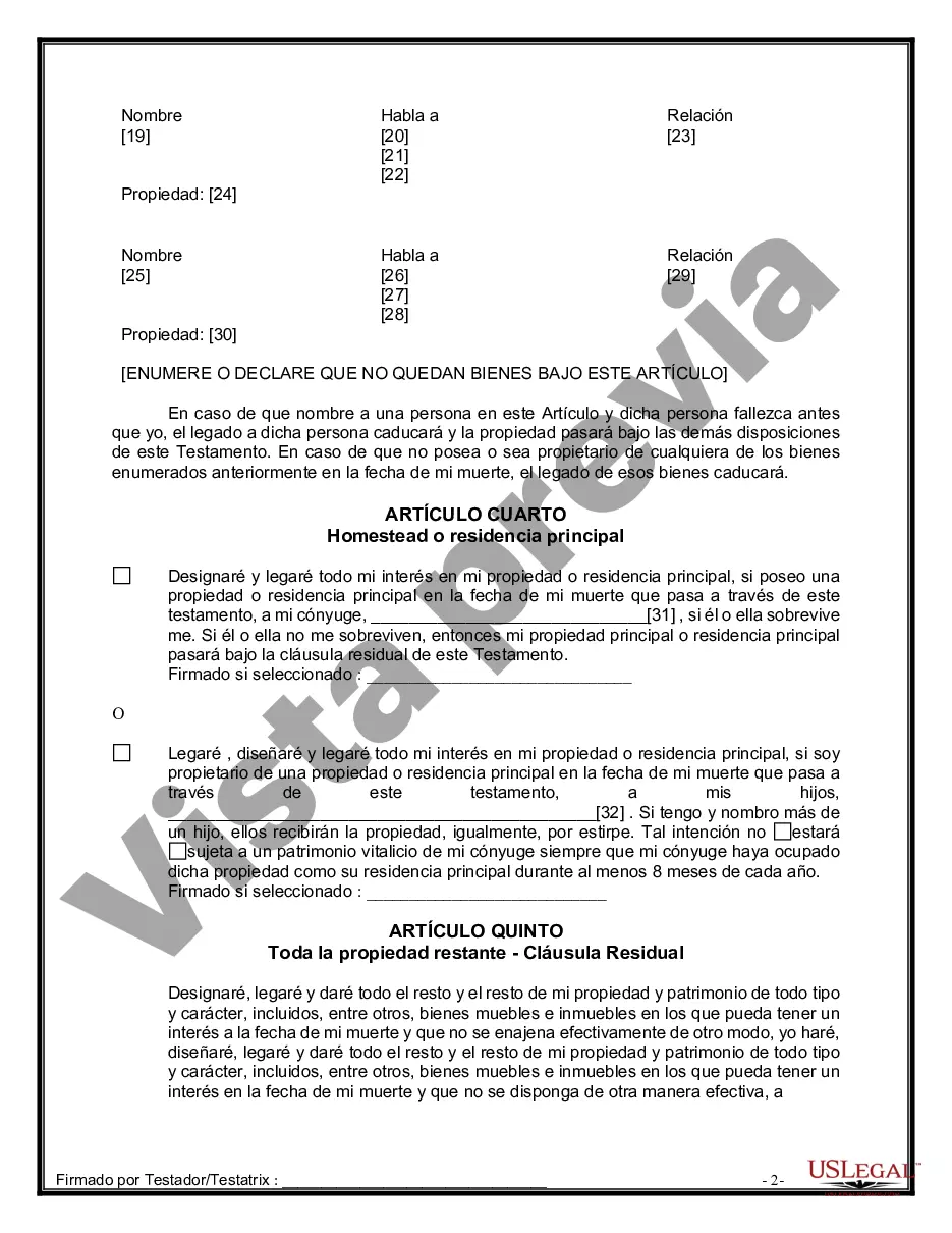 Preview Formulario Legal de Última Voluntad y Testamento para Persona Casada con Hijos Adultos y Menores de Matrimonio Anterior