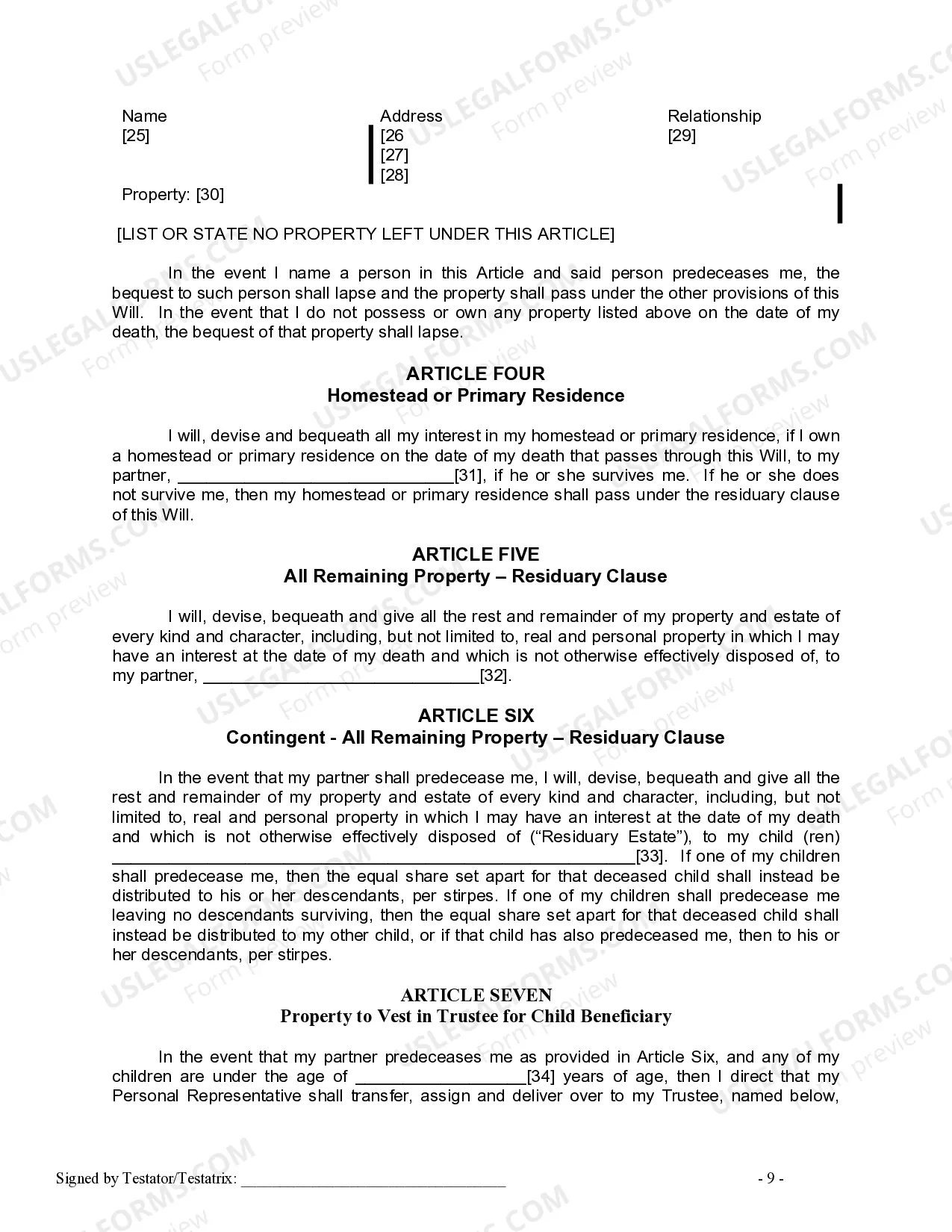 Preview Last Will and Testament for Civil Union Partner with Adult and Minor Children