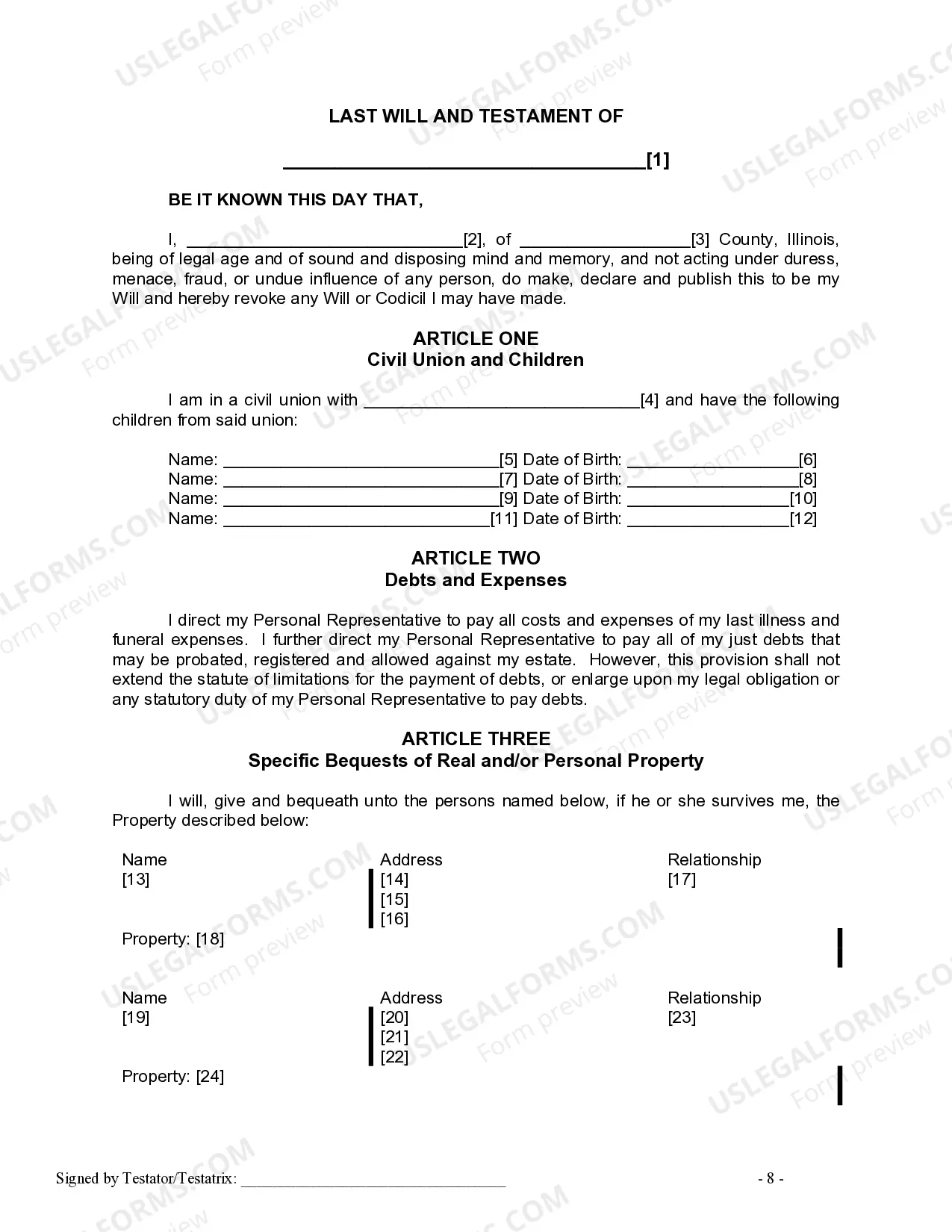 Preview Last Will and Testament for Civil Union Partner with Adult and Minor Children