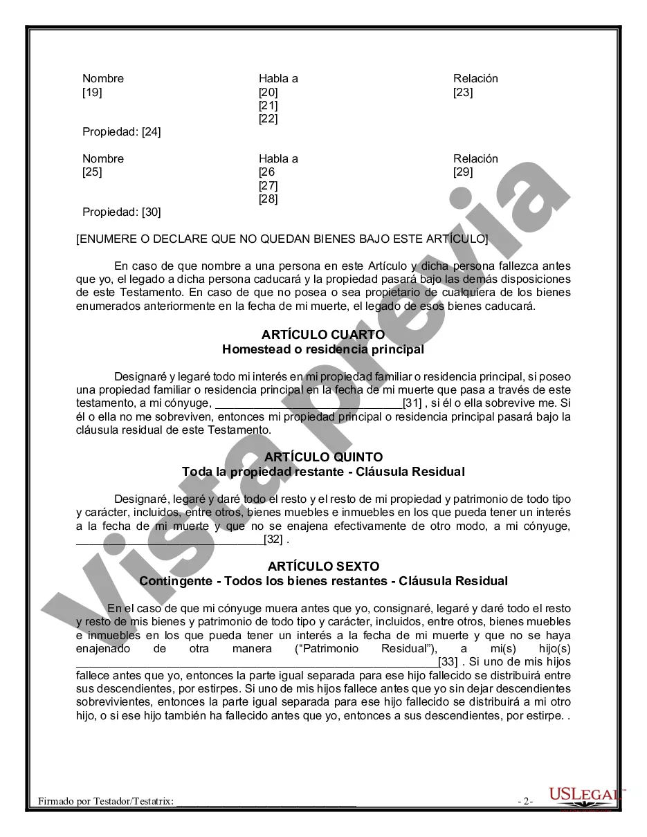Preview Formulario Legal de Última Voluntad y Testamento para Persona Casada con Hijos Adultos y Menores