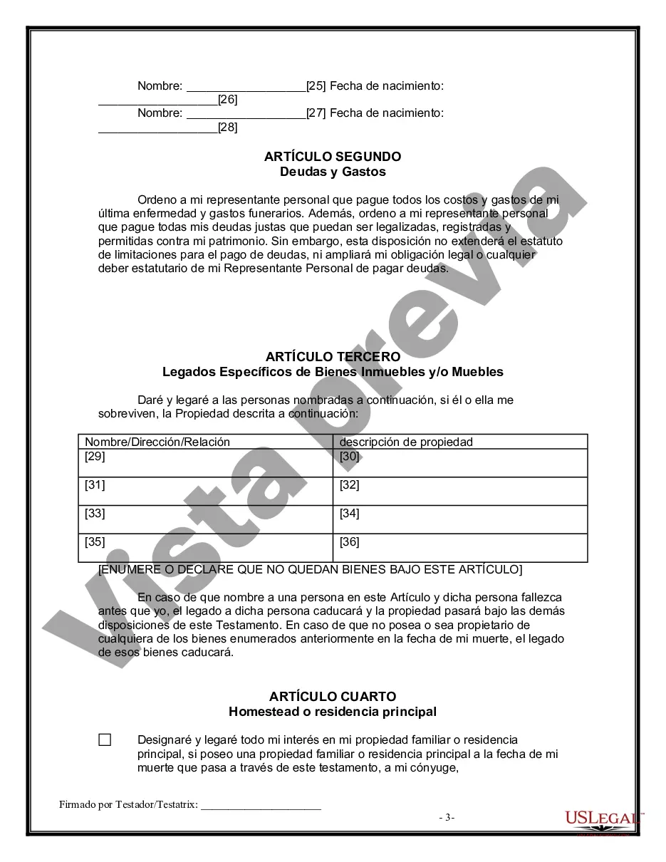 Get Formulario Legal de Última Voluntad y Testamento para Persona Divorciada y Recasada con Hijos Míos, Tuyos y Nuestros Preview Formulario Legal de Última Voluntad y Testamento para Persona Divorciada y Recasada con Hijos Míos, Tuyos y Nuestros