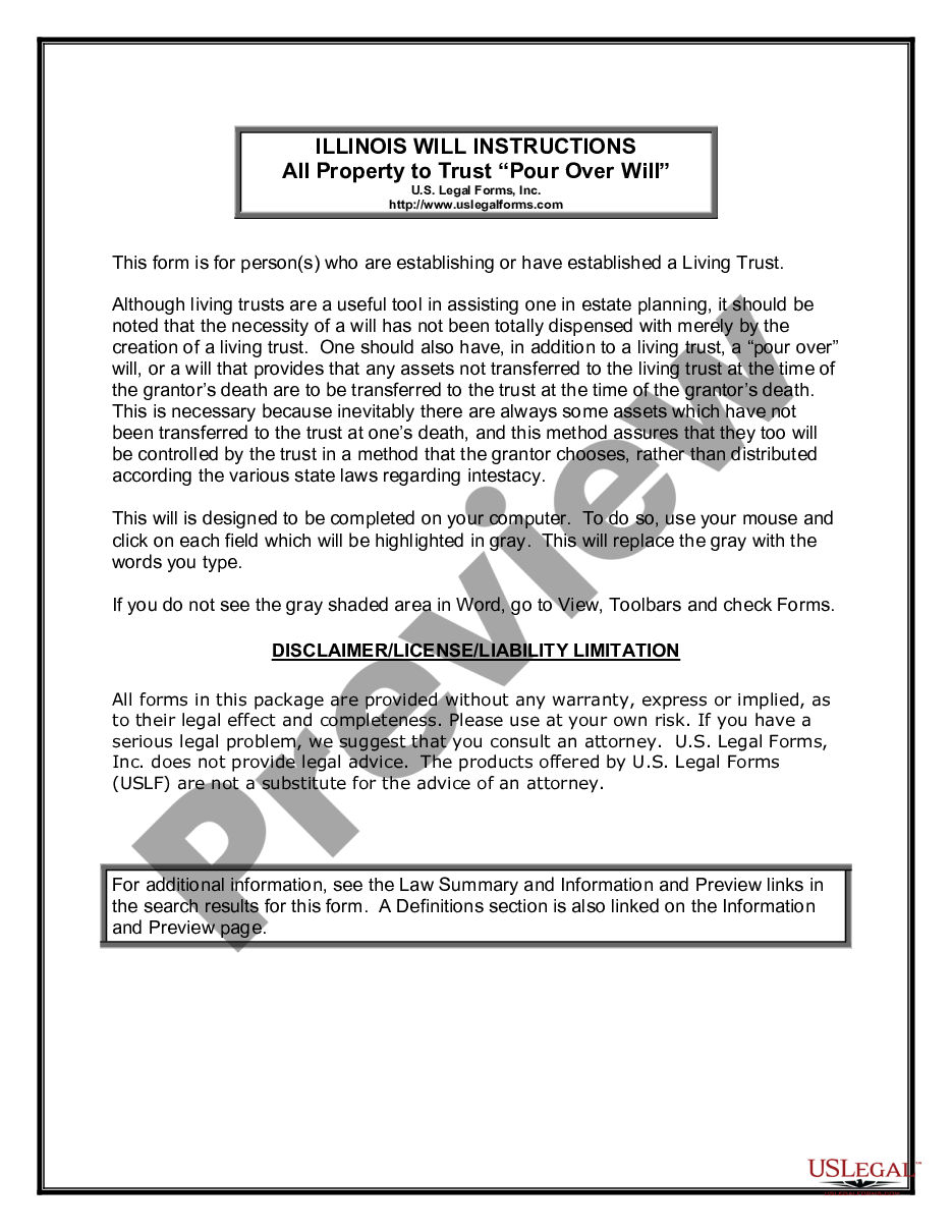 Illinois Legal Last Will and Testament Form with All Property to Trust