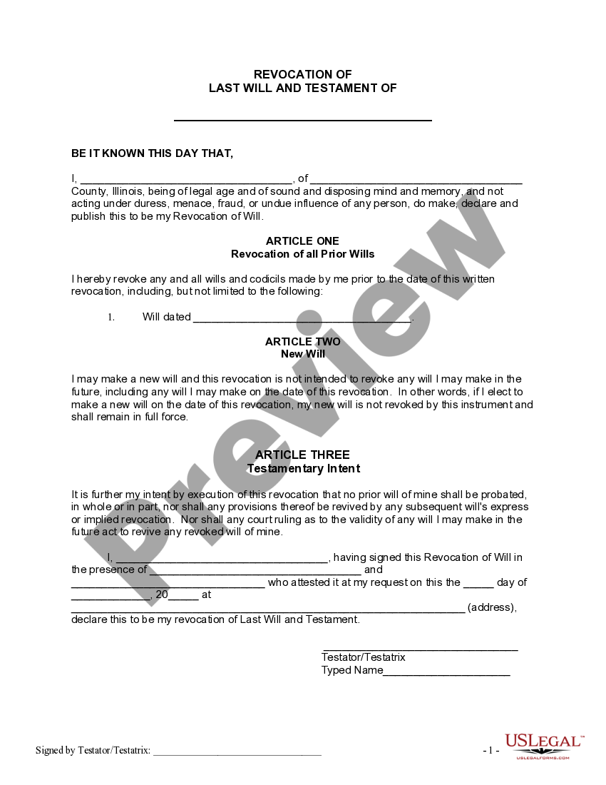 Illinois Written Revocation of Will US Legal Forms