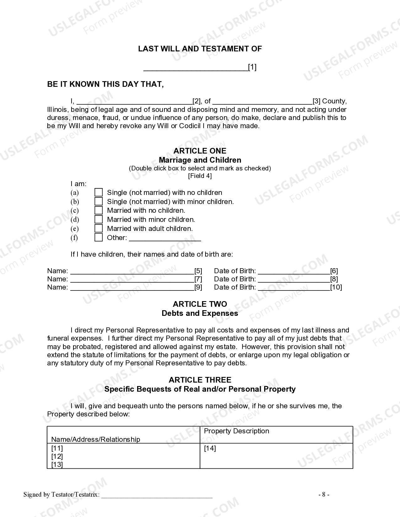 Illinois Last Will and Testament for other Persons | US Legal Forms