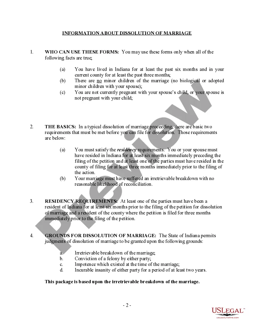 Preview Indiana No-Fault Uncontested Agreed Divorce Package for Dissolution of Marriage with Adult Children and with or without Property and Debts