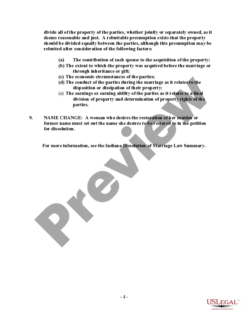 Preview Indiana No-Fault Uncontested Agreed Divorce Package for Dissolution of Marriage with Adult Children and with or without Property and Debts