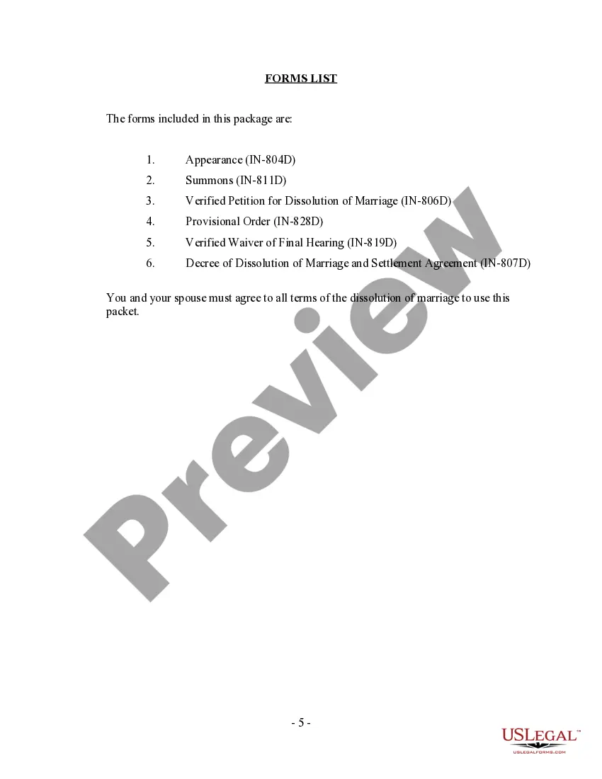Preview Indiana No-Fault Uncontested Agreed Divorce Package for Dissolution of Marriage with Adult Children and with or without Property and Debts