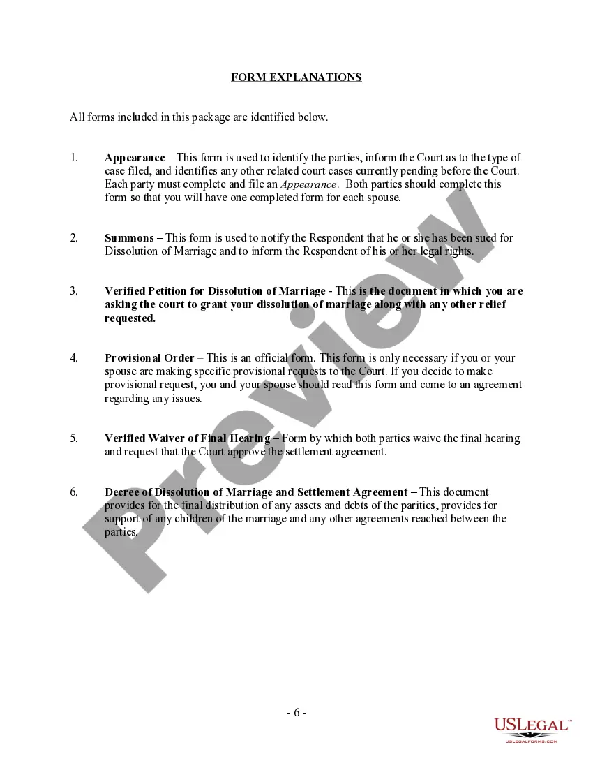 Preview Indiana No-Fault Uncontested Agreed Divorce Package for Dissolution of Marriage with Adult Children and with or without Property and Debts