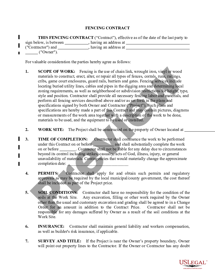 Indiana Fencing Contract for Contractor - Fence Contract | US Legal Forms