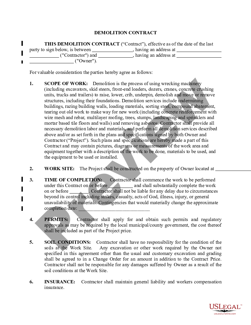 Indiana Demolition Contract for Contractor Demolition Agreement US