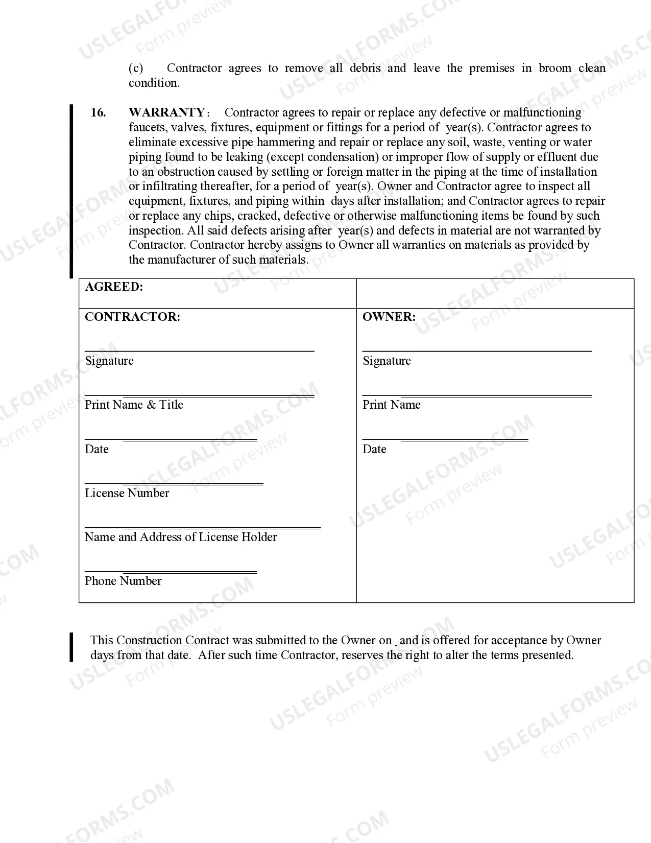 Preview Plumbing Contract for Contractor