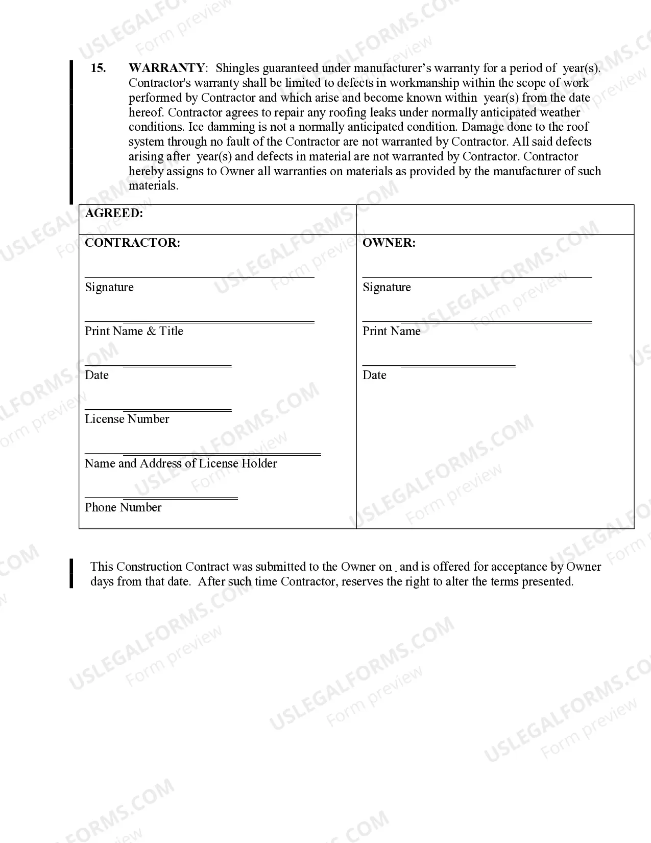 Preview Roofing Contract for Contractor