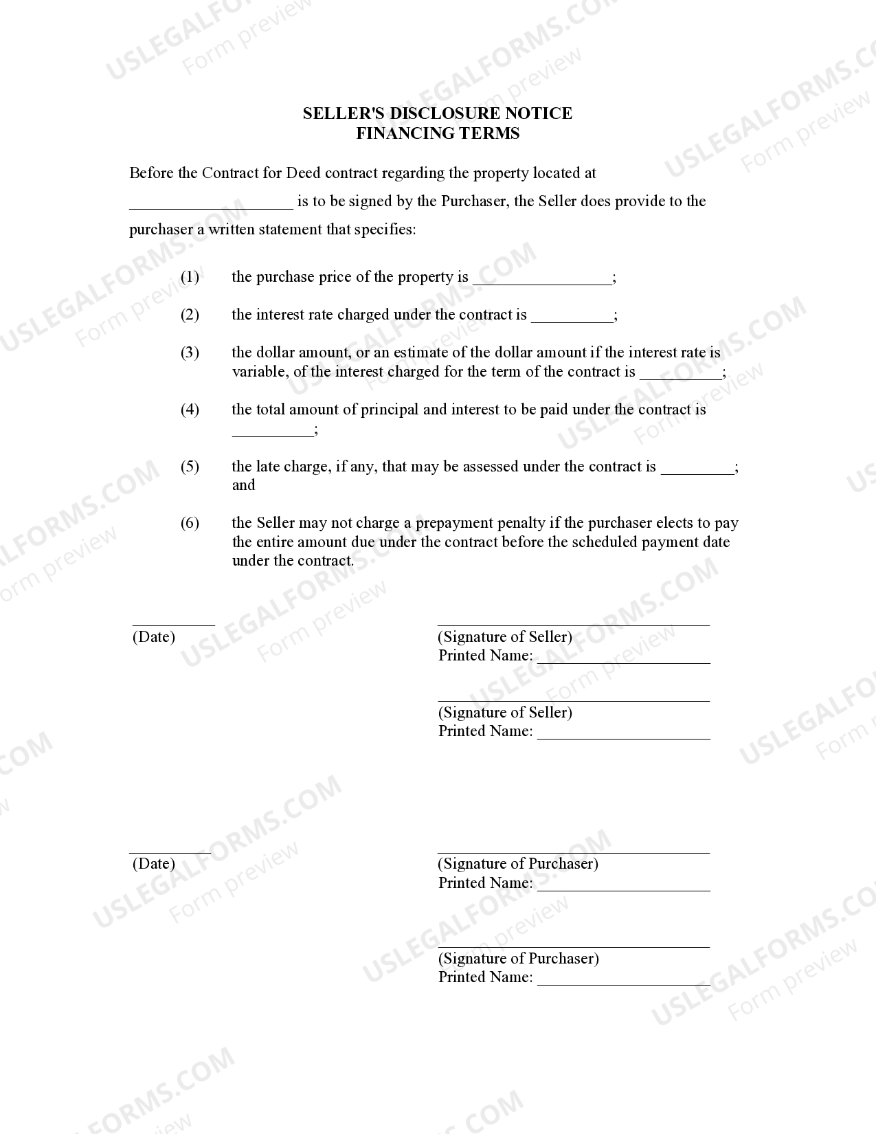 Indiana Seller's Disclosure of Financing Terms for Residential Property