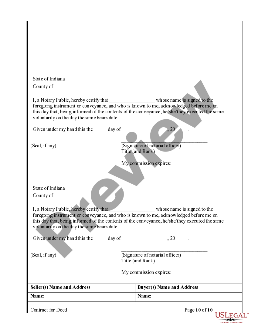 Indiana Agreement or Contract for Deed for Sale and Purchase of Real ...