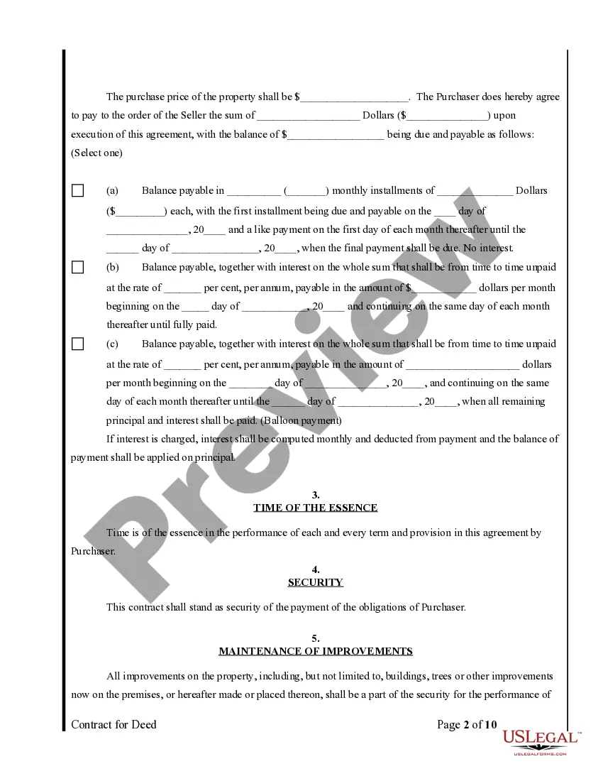 Preview Agreement or Contract for Deed for Sale and Purchase of Real Estate a/k/a Land or Executory Contract
